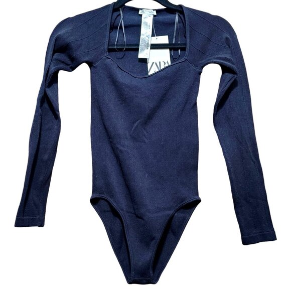 Zara Square Neck Black Long Sleeve‎ Ribbed Bodysuit Size M-L - Picture 1 of 7